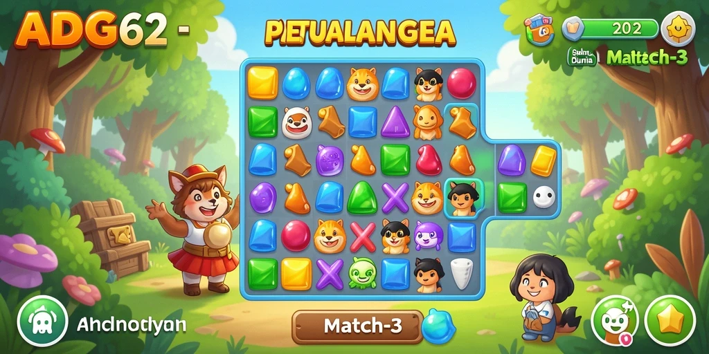 Tangkapan layar utama ADG62 menampilkan momen seru dalam gameplay Match-3.