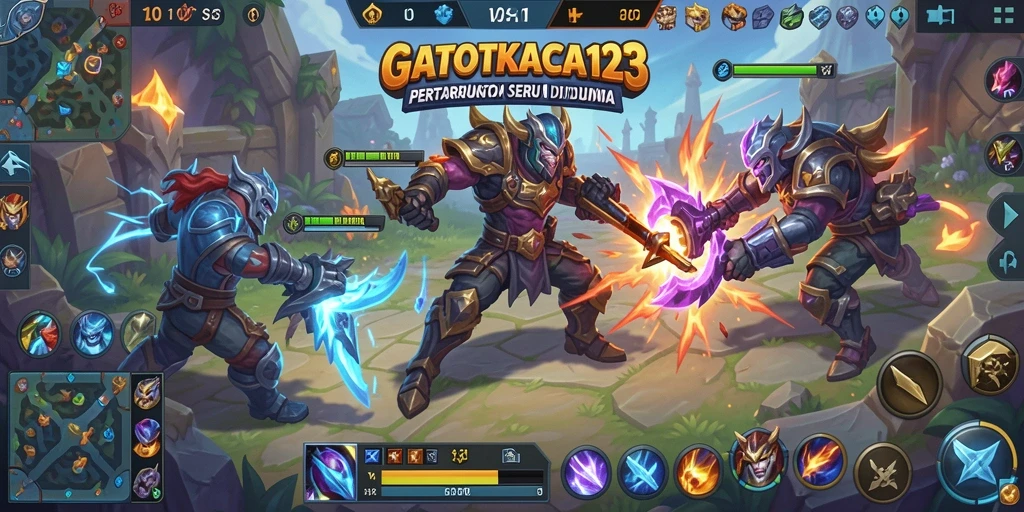 Tampilan intens pertempuran dalam GATOTKACA123 di arena MOBA.