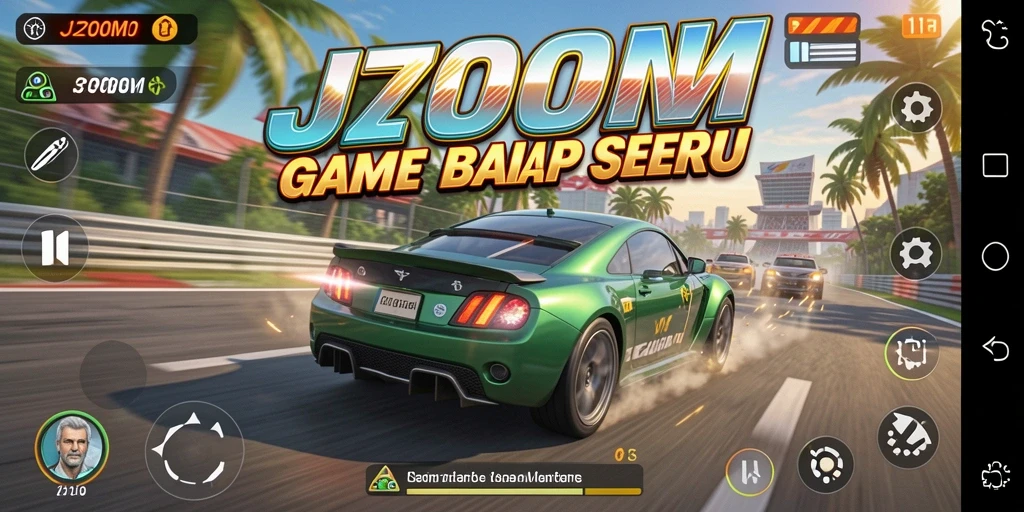 Screenshot gameplay J200M yang menampilkan mobil balap di trek menantang.