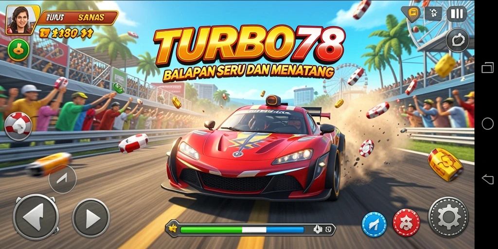 Screenshot TURBO78 menampilkan aksi seru balapan di trek yang menantang.