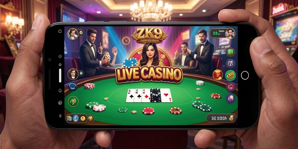 Tampilan gameplay ZK9 dengan dealer langsung dan interaksi sosial.